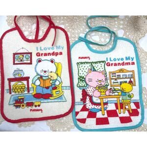 Vintage Playskool Terry Plastic Tie Neck Bibs 1990s I Love My Grandma /Grandpa